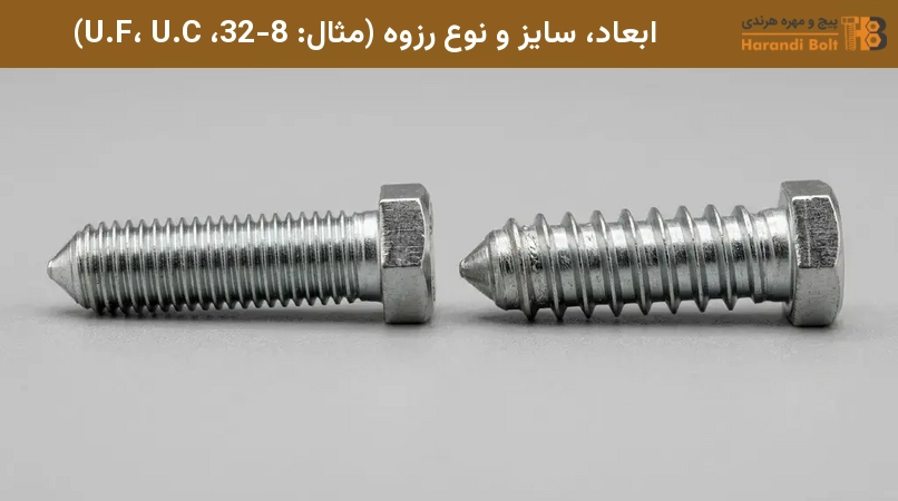 ابعاد، سایز و نوع رزوه (مثال: 8-32، U.F، U.C)