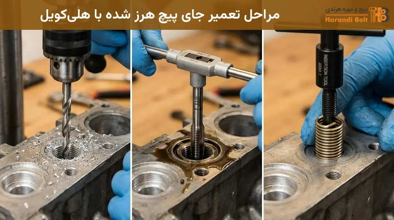 مراحل تعمیر جای پیچ هرز شده با هلیکویل